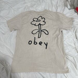 Obey Cream T-Shirt with Black Flower Graphic